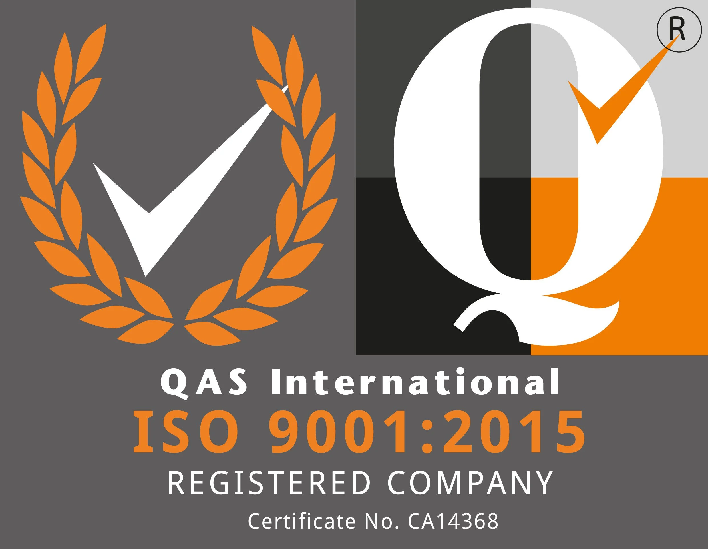 QAS International ISO 9001:2015 certification logo featuring a checkmark and registered trademark symbol, indicating quality management standards.
