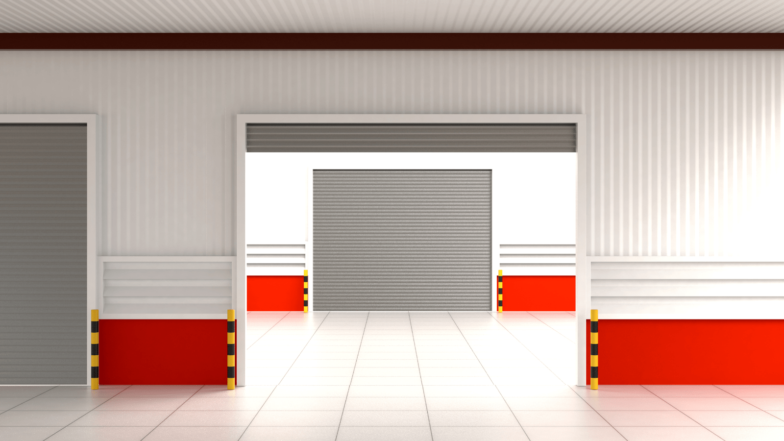 Interior view of an industrial warehouse featuring roll-up doors and red accents, showcasing a spacious layout and clean design.